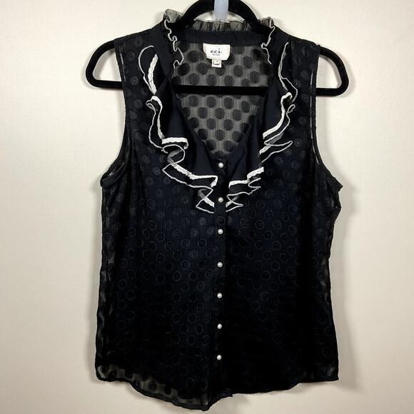ECI New York Black Whimsygoth Polka Dot Ruffled‎ Sleeveless Top Pearl Buttons 12 - Picture 1 of 7